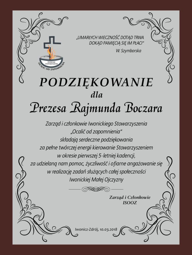 Podziękowanie dla Rajmunda Boczara Stowarzyszenie Ocalić od Zapomnienia